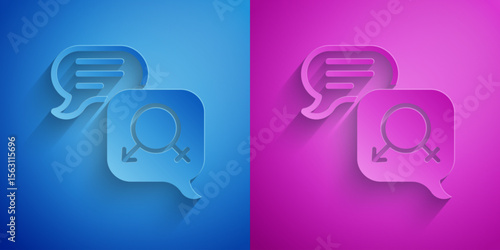 Paper cut Gender equality icon isolated on blue and purple background. Equal pay and opportunity business concept. Paper art style. Vector