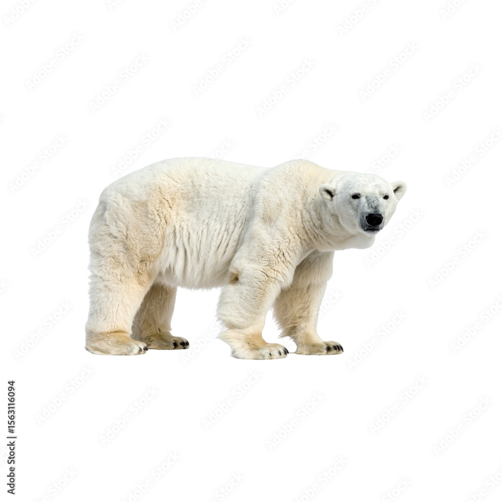 Fototapeta premium Arctic polar bear cub isolated on white, a charming mammal of the wild north