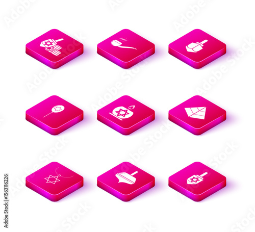 Set Star of David necklace on chain, Hanukkah dreidel, Balloons with ribbon with star david, Burning candle candlestick, Egypt pyramids, and Smoking pipe smoke icon. Vector