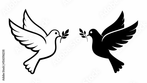 Two stylized doves in flight one white and one black each holding a branch in their beak in a vector image