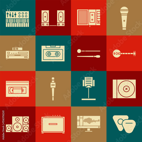 Set Guitar pick, CD or DVD disk, Banjo, Music tape player, Retro audio cassette, synthesizer and Drum sticks icon. Vector