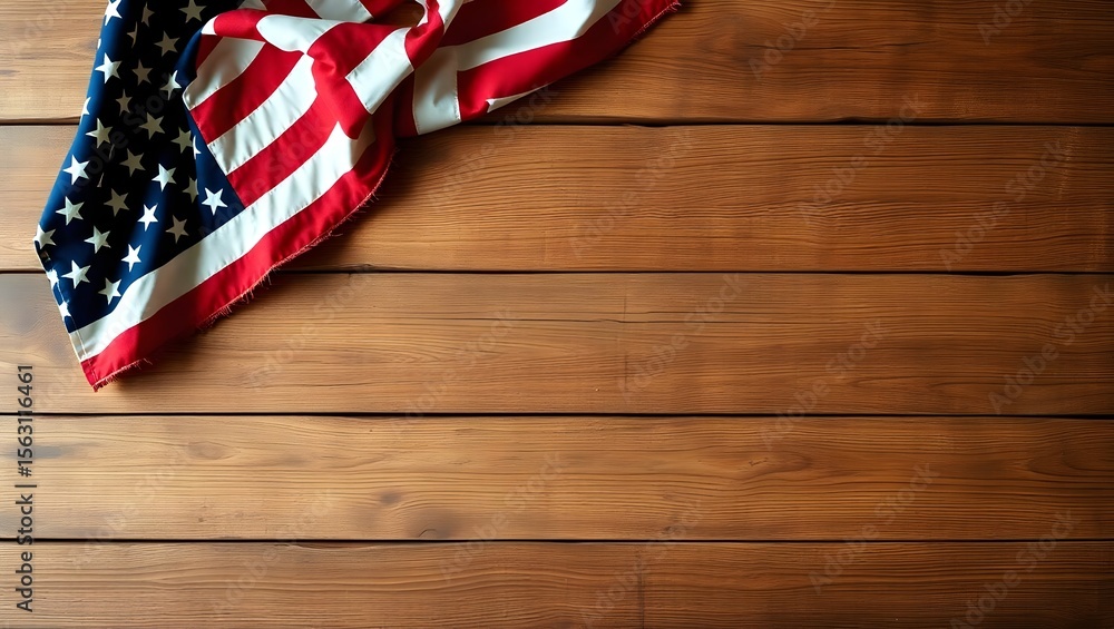 Obraz premium Top View of Rustic Wooden Table with Draped American Flag and Clean Corner Space for Message Overlay