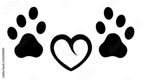 Two paw prints symmetrically placed with a heart shape in the middle on a white background design
