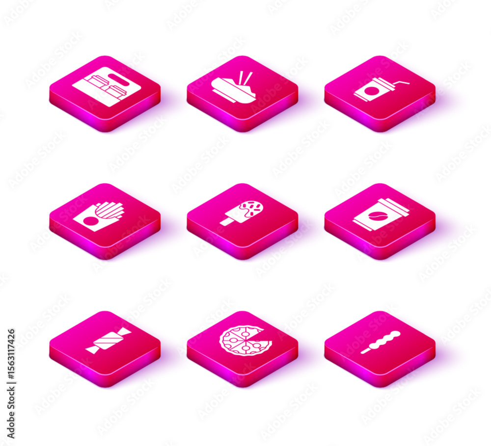 Fototapeta premium Set Candy, Pizza, Potatoes french fries in box, Ice cream, Lollipop, Coffee cup go, Paper glass with straw and Rice bowl chopstick icon. Vector