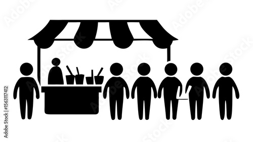 Illustration of a food stall with striped awning and a line of people waiting to be served food