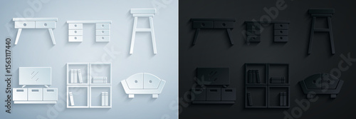 Set Shelf with books, Chair, TV table stand, Sofa, Office desk and icon. Vector