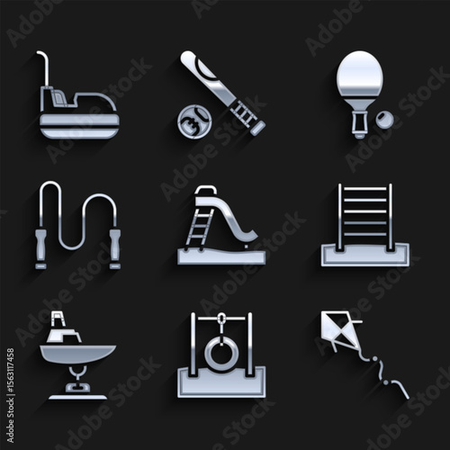 Set Kid slide, Car tire hanging on rope, Kite, Swedish wall, Swing boat, Jump, Racket and ball and Bumper car icon. Vector