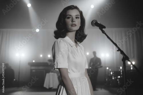 Woman singer on stage performing music