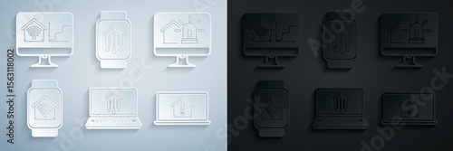 Set Laptop with smart home, Computer monitor house and alarm, Smart watch wi-fi, temperature, and icon. Vector