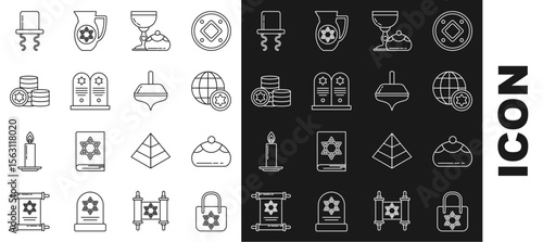 Set line Shopping bag with star of david, Jewish sweet bakery, World Globe and Israel, goblet hanukkah sufganiyot, Tombstone, coin, Orthodox jewish hat sidelocks and Hanukkah dreidel icon. Vector