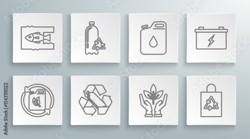 Set line Bio fuel canister, Recycling plastic bottle, Plant hand of environmental protection, Plastic bag with recycle, Canister for gasoline, Car battery and Stop ocean pollution icon. Vector
