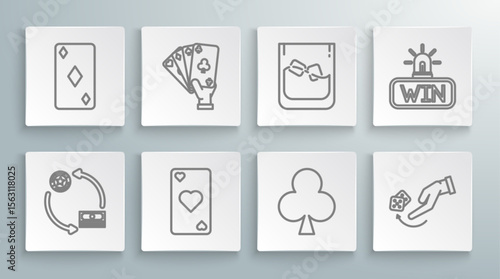 Set line Casino chips exchange on stacks of dollars, Hand holding playing cards, Playing with heart symbol, clubs, Human hand throwing game dice, Glass whiskey cubes, and diamonds icon. Vector