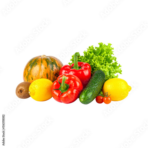 Wallpaper Mural Healthy, isolated collection of fresh red, green, and yellow vegetables and fruits on a white background, including pepper, tomato, cucumber, onion, and apple, ideal for a vegetarian diet Torontodigital.ca