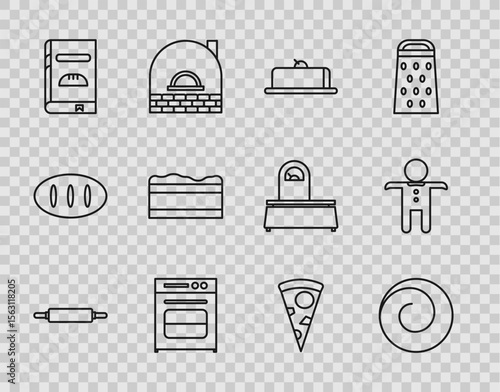 Set line Rolling pin, bun with cinnamon, Strawberry cheesecake slice, Oven, Cookbook, Brownie chocolate, Slice of pizza and Holiday gingerbread man cookie icon. Vector