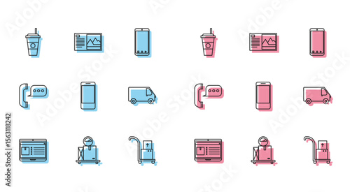 Set line Laptop with app delivery tracking, Scale cardboard box, Coffee cup, Hand truck and boxes, Mobile phone, Delivery cargo vehicle, Telephone speech bubble chat and Postcard icon. Vector