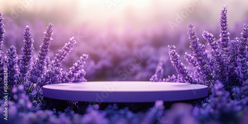 Lavender field with a circular platform at sunset creating a serene setting for gatherings and events