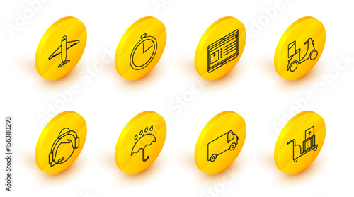 Set line Electric hand truck and boxes, Delivery cargo vehicle, Umbrella rain drops, Support operator touch, Scooter delivery, Laptop with app tracking, Stopwatch and Plane icon. Vector