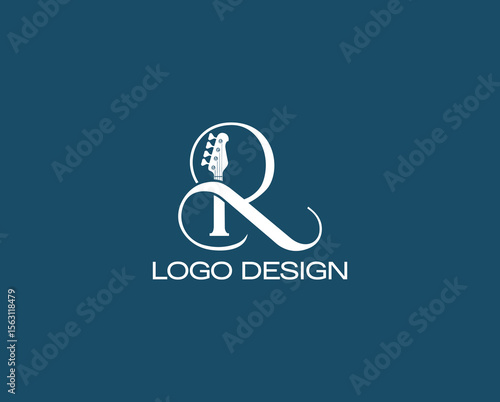 Creative R monogram logo with integrated guitar neck, ideal for music brands, personal musicians, or entertainment startups