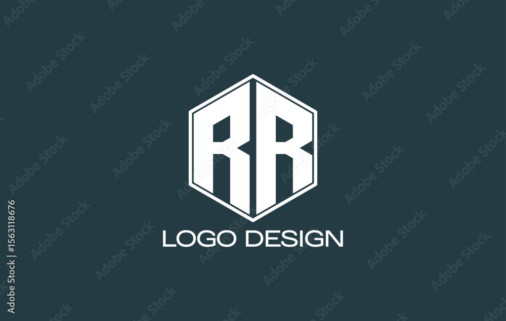 Fototapeta premium RR monogram logo design with bold initials inside hexagon frame on dark background, ideal for corporate branding, real estate, and business identity