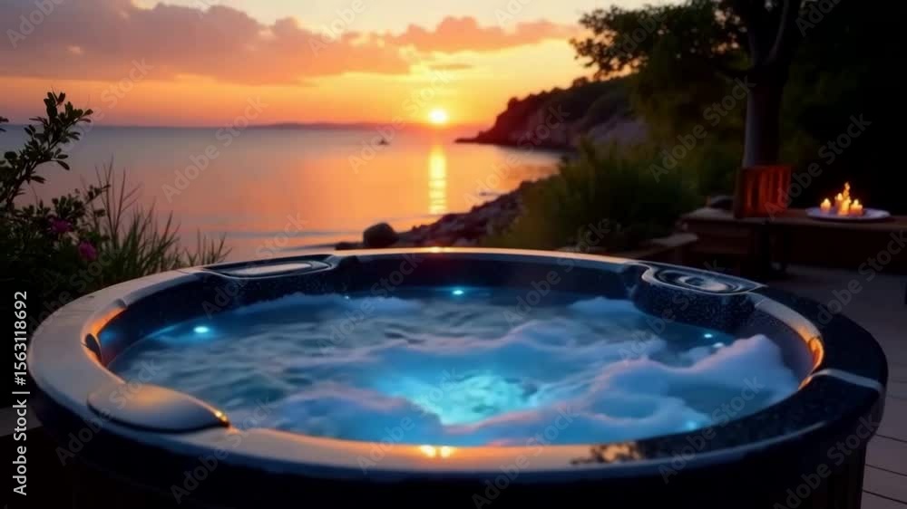 A hot tub with bubbling water sits by a tranquil lake at sunset. The sky is filled with warm hues of orange and pink, reflecting on the water's surface. A hot tub with bubbling water sits by a tranquil lake at sunset. The sky is filled with warm hues of orange and pink, reflecting on the water's surface.