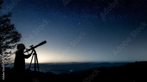 Person observing the night sky through a telescope on a mountaintop