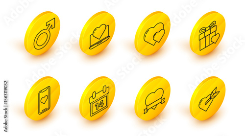 Set line Amour with heart and arrow, Heart ribbon, Calendar February 14, Mobile phone, Gift box, Laptop and Male gender symbol icon. Vector