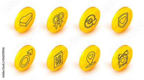 Set line Heart in the center alarm clock, Map pointer with heart, Valentines day party flyer, Male gender symbol, shield, Romantic music, Female and Candy shaped box icon. Vector