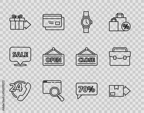 Set line Telephone 24 hours support, Carton cardboard box, Wrist watch, Search in browser window, Gift, Hanging sign with Open, Seventy discount percent tag and Briefcase icon. Vector