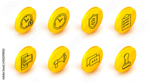 Set line Stamp, Speech bubble chat, Megaphone, Mobile and credit card, Clipboard with checklist, Shield dollar symbol, Clock and Time money icon. Vector