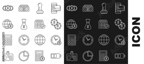 Set line Battery charge level indicator, Time is money, Coin with dollar symbol, Stamp, Money bag, Earth globe, and Calendar icon. Vector