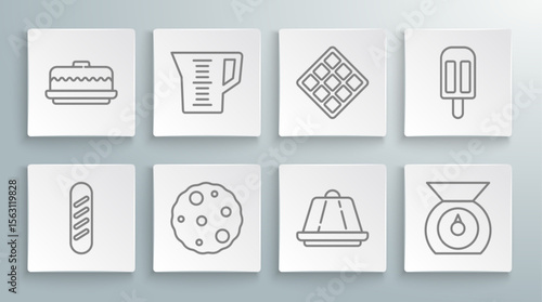 Set line French baguette bread, Measuring cup, Cookie or biscuit, Pudding custard, Scales, Waffle, Ice cream and Cake icon. Vector