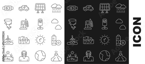 Set line Volcano eruption with lava, Battery, Cloud, Solar energy panel, Petrol or gas station, Tornado, Medical protective mask and Trash icon. Vector