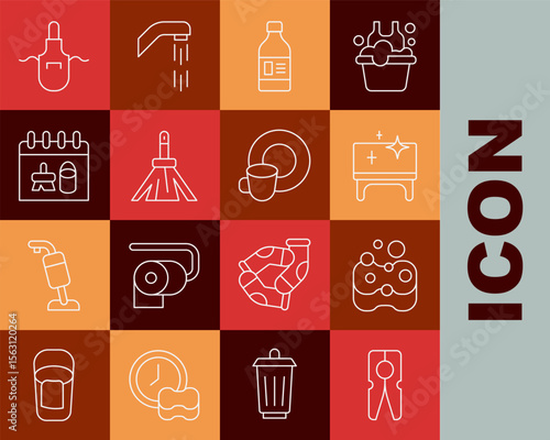 Set line Clothes pin, Sponge, Clean table, Bottle for cleaning agent, Handle broom, Cleaning calendar, Kitchen apron and Washing dishes icon. Vector
