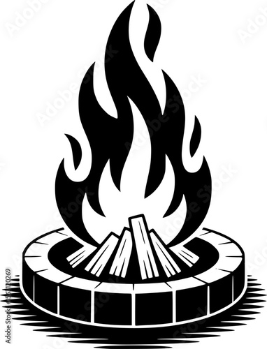Bold black silhouette of beach fire pit with flames, perfect for summer night designs
