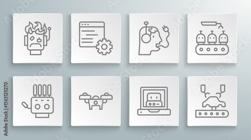 Set line Mechanical robot hand, Computer api interface, Drone, Creating, Robotic arm factory, charging battery, Industrial production of robots and burned out icon. Vector