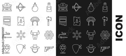 Set line Revolver gun, cylinder, Tomahawk axe, Bomb ready to explode, Wanted western poster, Pan flute, Wild saloon and Indian headdress with feathers icon. Vector