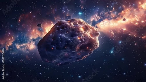 Meteorite plunges through the vastness of space against a backdrop of distant stars and cosmic colors