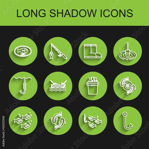 Set line Fish, trophy hanging on the board, Fishing hook under water with fish, boat fishing rod, and bucket fishes icon. Vector