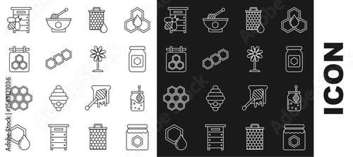 Set line Jar of honey, and dipper stick, Honeycomb, Hanging sign with honeycomb, Hive for bees and Flower icon. Vector
