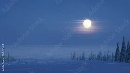 Full moon over a snowy landscape at night
