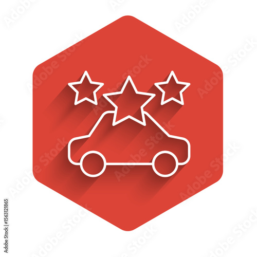 White line Car sharing icon isolated with long shadow background. Carsharing sign. Transport renting service concept. Red hexagon button. Vector