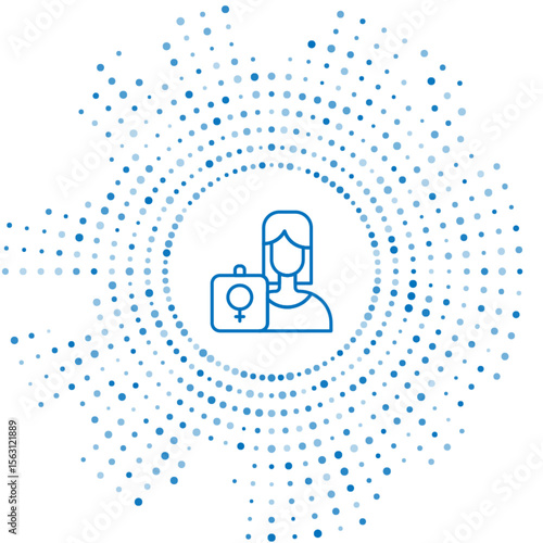 Blue line Female movement, feminist activist with banner and placards icon isolated on white background. Feminist rights movement, feminism sisterhood. Abstract circle random dots. Vector