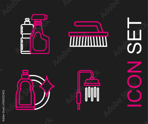 Set line Shower head with water drops flowing, Plastic bottles for liquid dishwashing liquid, Brush cleaning and icon. Vector