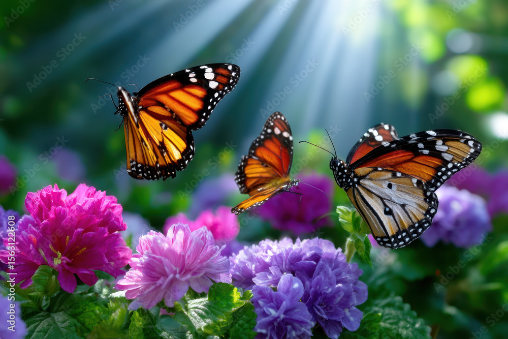 Obraz premium Colorful butterflies fluttering among vibrant flowers in the warm sunlight