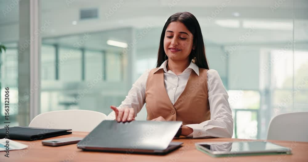 Face, business and woman on laptop in office for accounting, budget planning and compliance email. Portrait, person and done with financial report, audit agenda and feedback for investment management Face, business and woman on laptop in office for accounting, budget planning and compliance email. Portrait, person and done with financial report, audit agenda and feedback for investment management