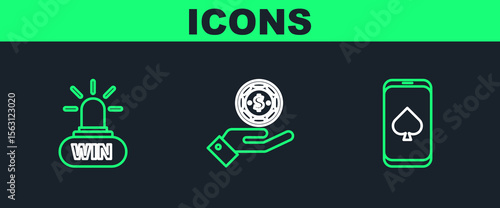 Set line Online poker table game, Casino win and Hand holding casino chips icon. Vector