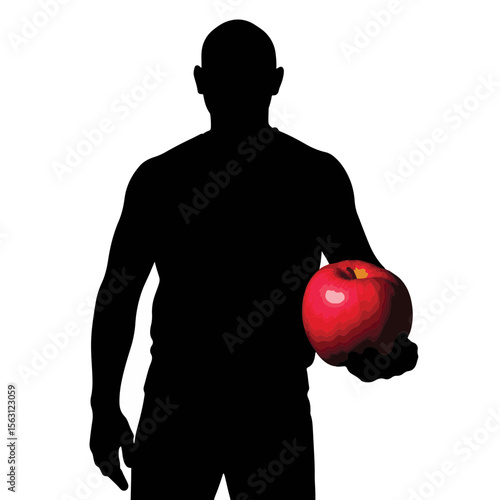 Man holding red apple silhouette on white background, temptation concept