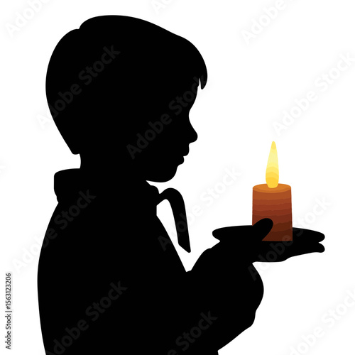 Silhouette of boy holding beeswax candle, warm illumination concept