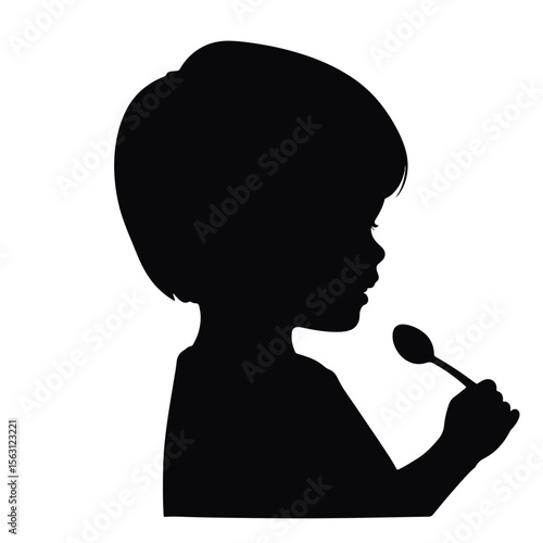 Smiling child silhouette holding honey spoon, joyful sweetness