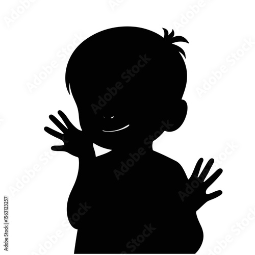 Joyful silhouette of a child with sticky hands on white background, childhood playfulness